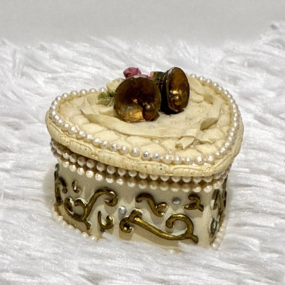 Cottagecore Italian Heart-Shaped Trinket Box With Grannycore Pearls & Gold Bells
